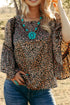 Chestnut Leopard Print Ruffle Wide Sleeve Blouse