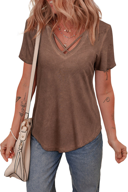 Chestnut Mineral Wash Criss Cross V Neck Casual T Shirt