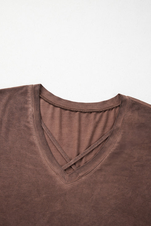 Chestnut Mineral Wash Criss Cross V Neck Casual T Shirt