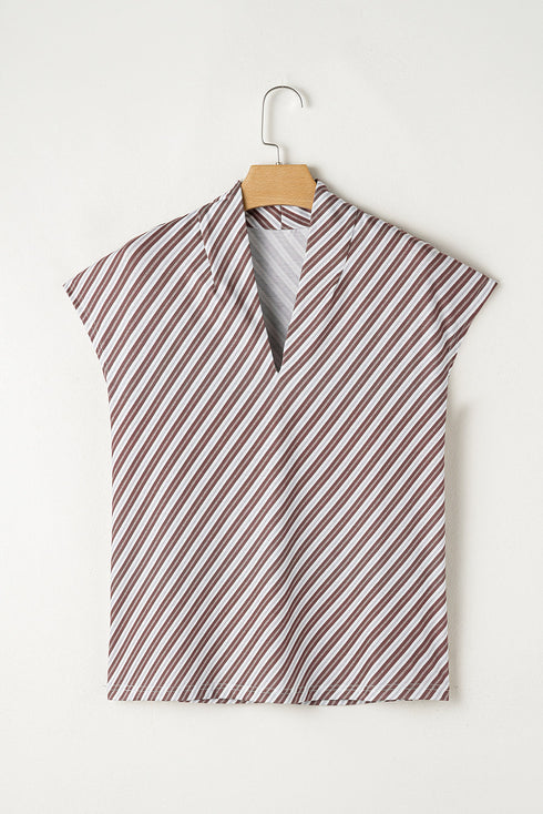 Chestnut Striped Stand V Neck Short Sleeve Blouse