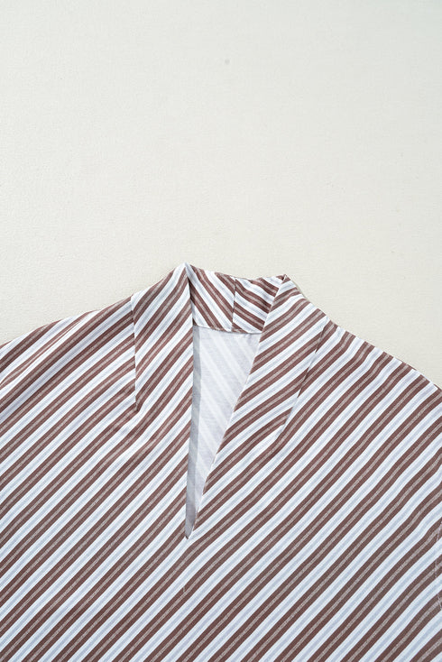 Chestnut Striped Stand V Neck Short Sleeve Blouse
