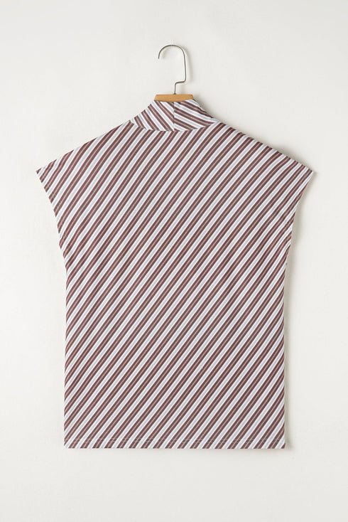 Chestnut Striped Stand V Neck Short Sleeve Blouse