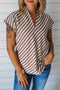 Chestnut Striped Stand V Neck Short Sleeve Blouse