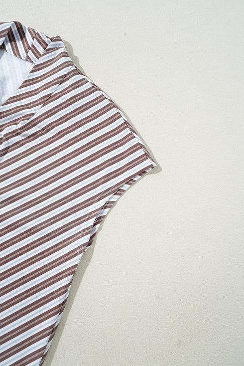 Chestnut Striped Stand V Neck Short Sleeve Blouse