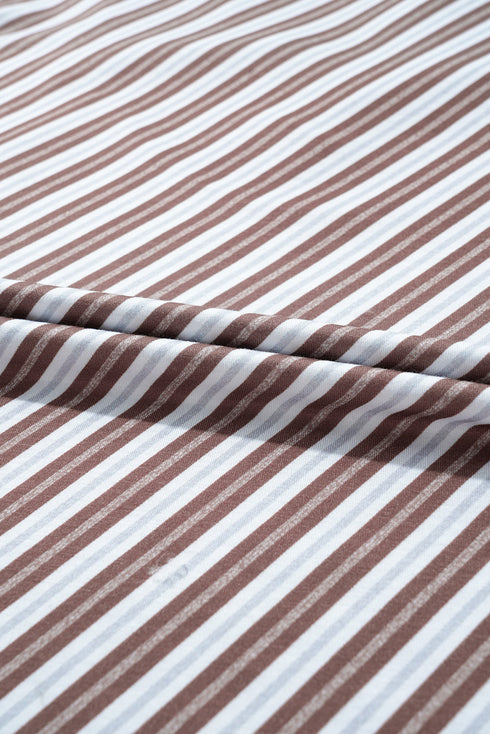 Chestnut Striped Stand V Neck Short Sleeve Blouse