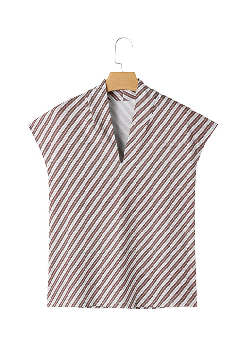 Chestnut Striped Stand V Neck Short Sleeve Blouse
