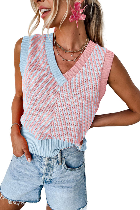 Chevron Pattern Contrast Trim V Neck Summer Knit Sleeveless Sweater Vest