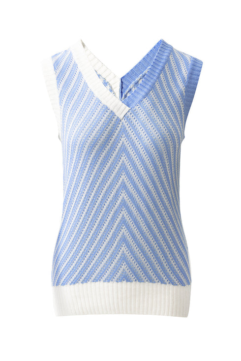 Chevron Pattern Contrast Trim V Neck Summer Knit Sleeveless Sweater Vest