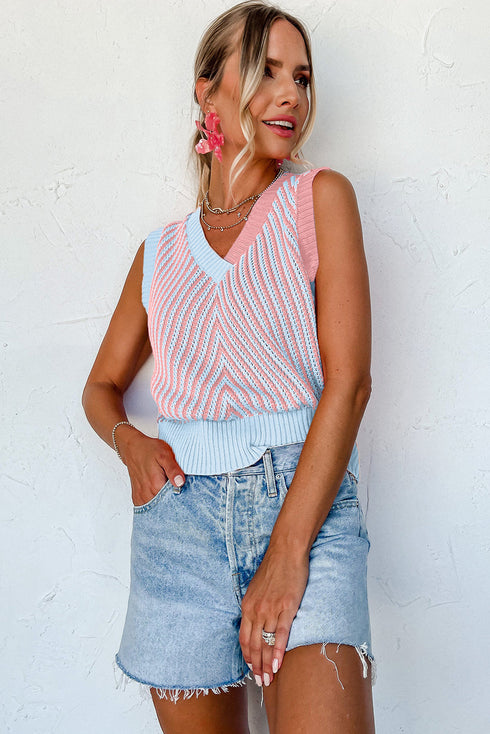 Chevron Pattern Contrast Trim V Neck Summer Knit Sleeveless Sweater Vest
