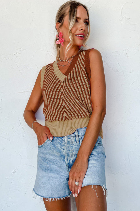 Chevron Pattern Contrast Trim V Neck Summer Knit Sleeveless Sweater Vest