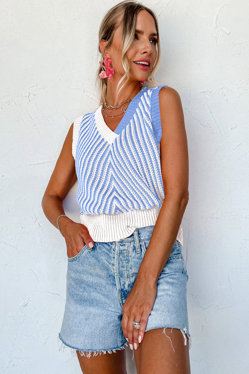 Chevron Pattern Contrast Trim V Neck Summer Knit Sleeveless Sweater Vest