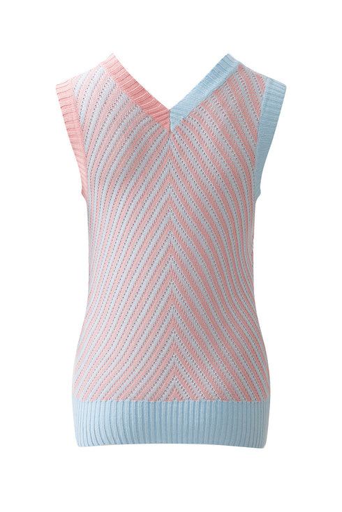 Chevron Pattern Contrast Trim V Neck Summer Knit Sleeveless Sweater Vest