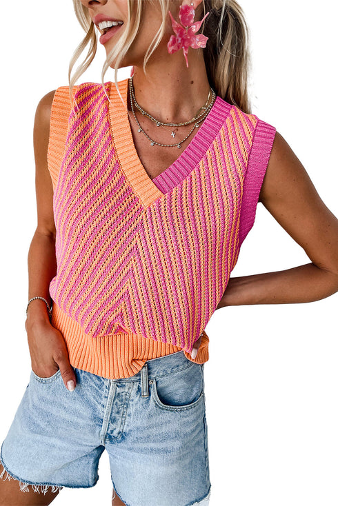 Chevron Pattern V Neck Ribbed Knit Sweater Vest