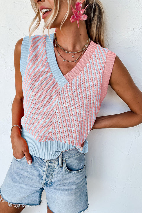 Chevron Pattern V Neck Ribbed Knit Sweater Vest
