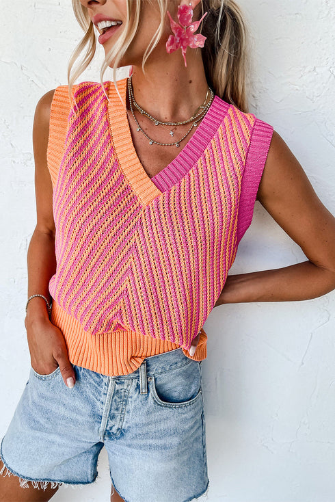 Chevron Pattern V Neck Ribbed Knit Sweater Vest