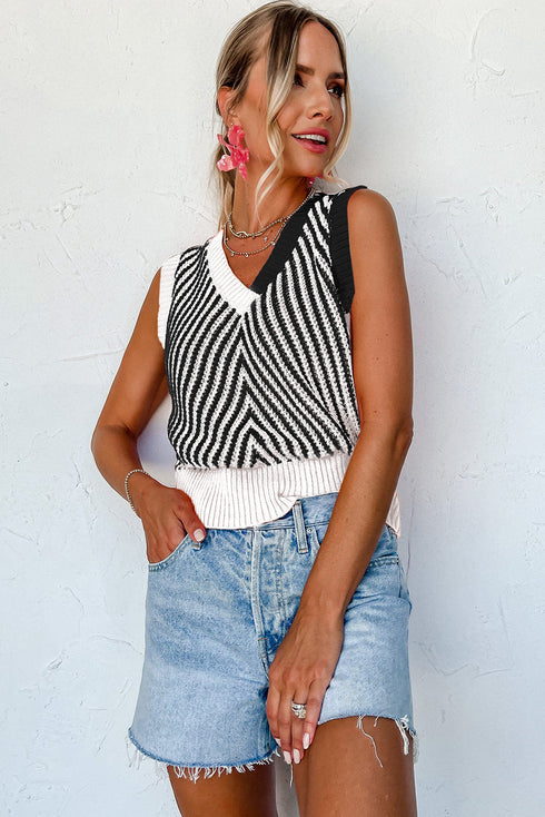 Chevron Pattern V Neck Ribbed Knit Sweater Vest