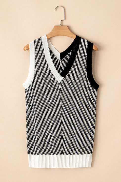 Chevron Pattern V Neck Ribbed Knit Sweater Vest