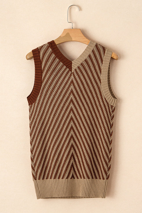 Chevron Pattern V Neck Ribbed Knit Sweater Vest