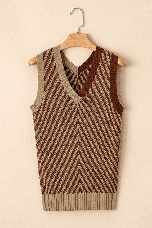 Chevron Pattern V Neck Ribbed Knit Sweater Vest