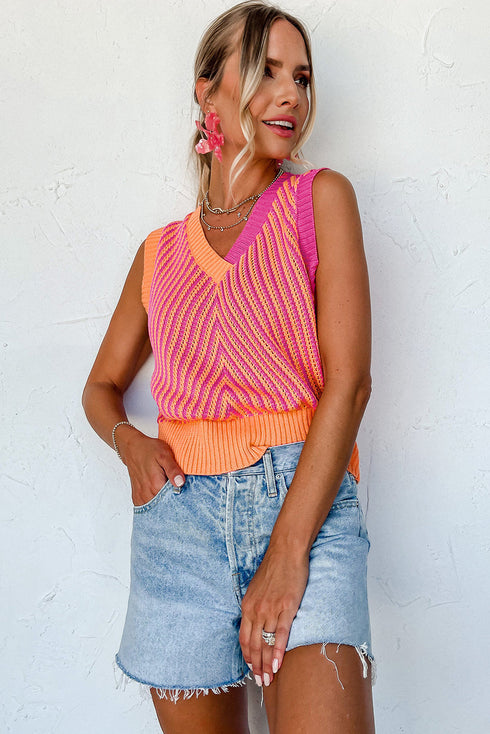 Chevron Pattern V Neck Ribbed Knit Sweater Vest