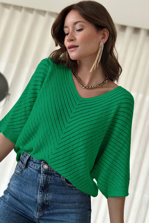 Chevron Pointelle Knit V Neck Half Sleeve Sweater