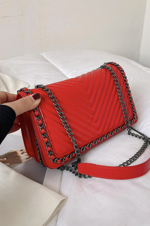 Chevron Quilted Chain Accent Faux Leather Shoulder Bag