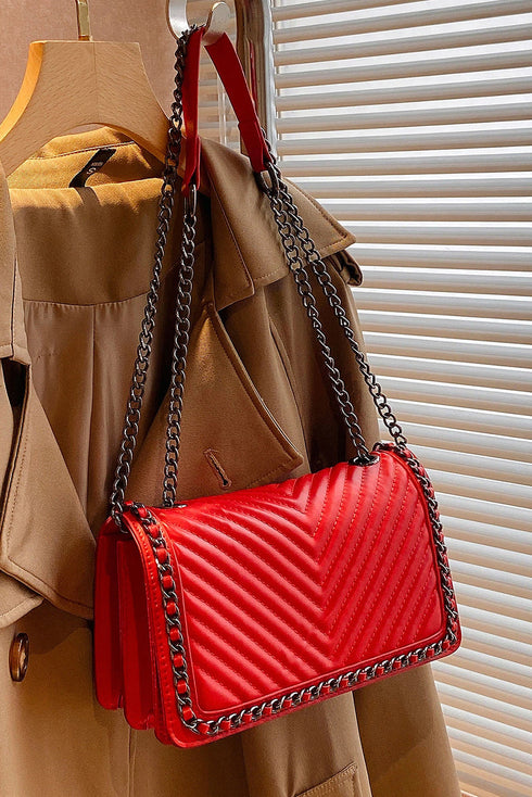 Chevron Quilted Chain Accent Faux Leather Shoulder Bag