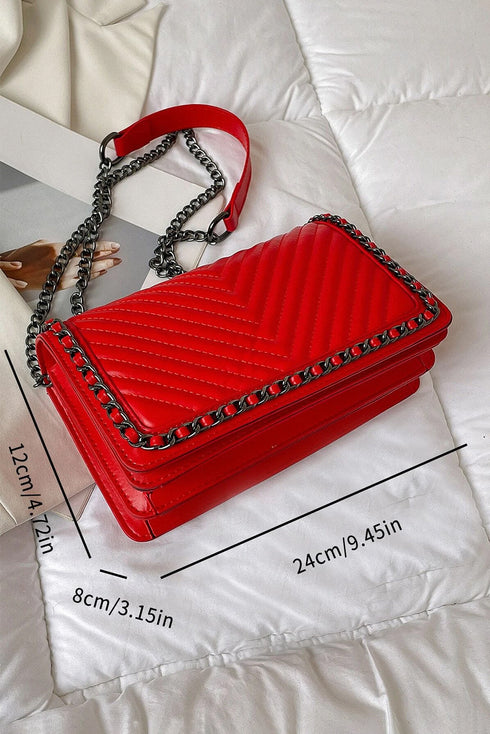 Chevron Quilted Chain Accent Faux Leather Shoulder Bag