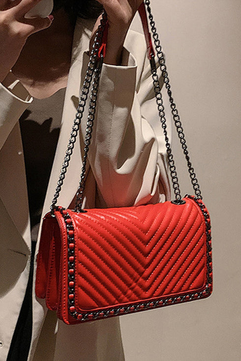Chevron Quilted Chain Accent Faux Leather Shoulder Bag