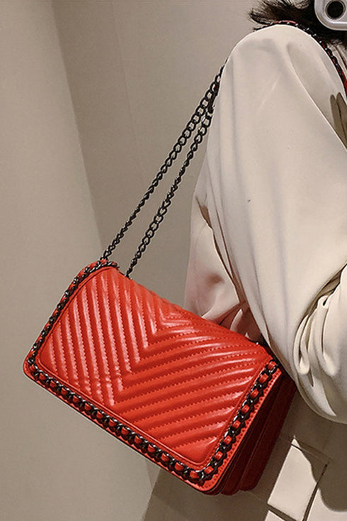 Chevron Quilted Chain Accent Faux Leather Shoulder Bag