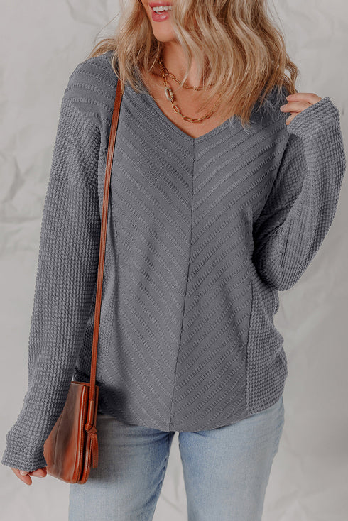Chevron Texture Patchwork V Neck Long Sleeve Knit Top