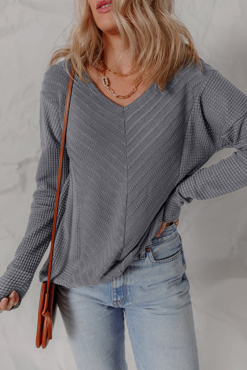 Chevron Texture Patchwork V Neck Long Sleeve Knit Top