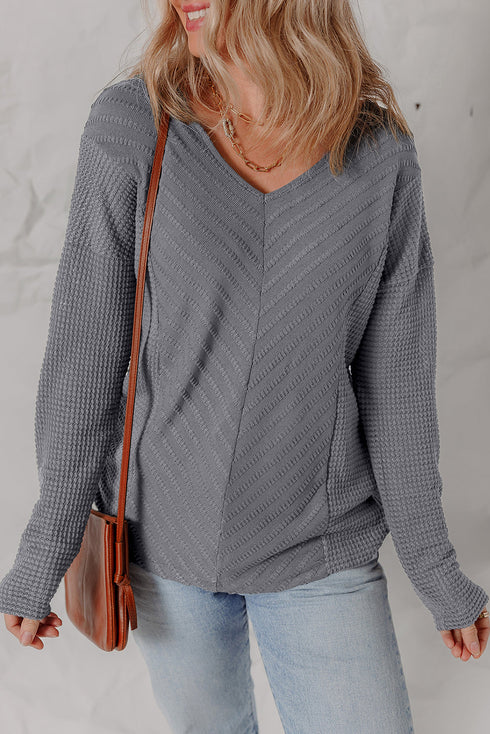 Chevron Texture Patchwork V Neck Long Sleeve Knit Top