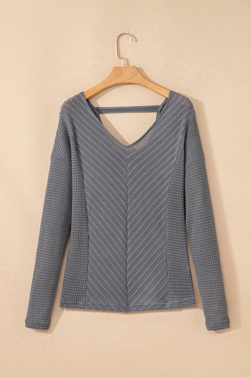 Chevron Texture Patchwork V Neck Long Sleeve Knit Top