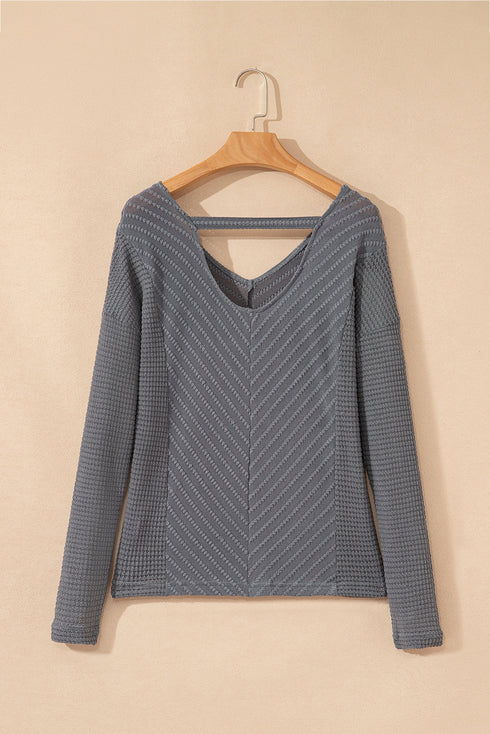 Chevron Texture Patchwork V Neck Long Sleeve Knit Top