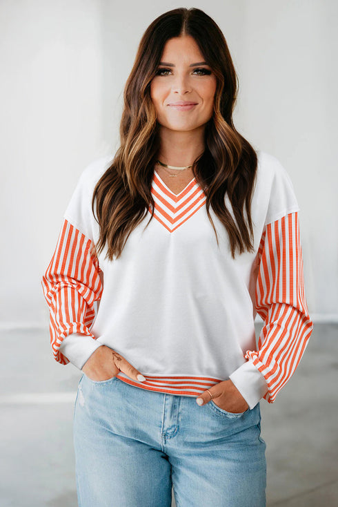 Chevron V Neck Drop Shoulder Striped Sleeve Colorblock Rib Hem Long Sleeve Top