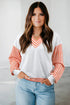 Chevron V Neck Drop Shoulder Striped Sleeve Colorblock Rib Hem Long Sleeve Top