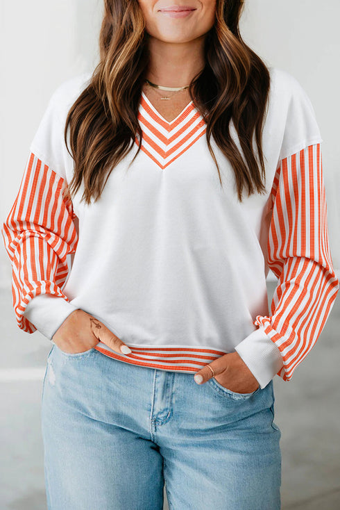 Chevron V Neck Drop Shoulder Striped Sleeve Colorblock Rib Hem Long Sleeve Top