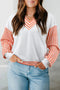 Chevron V Neck Drop Shoulder Striped Sleeve Colorblock Rib Hem Long Sleeve Top