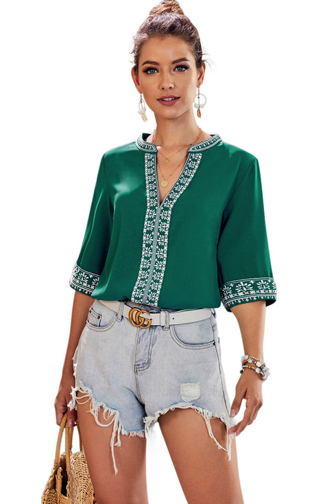 Chic Boho V Neckline Half Sleeve Blouse