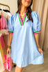 Chic Contrast Stripe Puff Sleeve Notched Neck Cotton Shift Dress