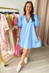 Chic Contrast Stripe Puff Sleeve Notched Neck Cotton Shift Dress