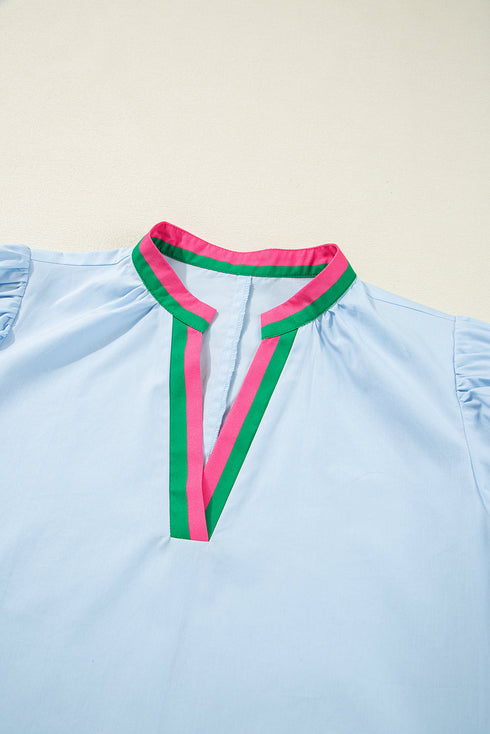 Chic Contrast Stripe Puff Sleeve Notched Neck Cotton Shift Dress