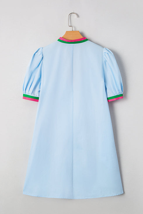Chic Contrast Stripe Puff Sleeve Notched Neck Cotton Shift Dress