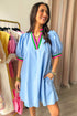Chic Contrast Stripe Puff Sleeve Notched Neck Cotton Shift Dress