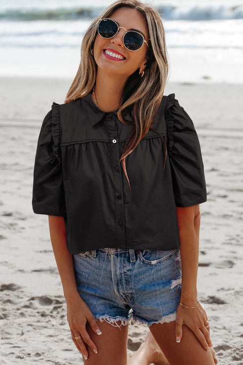 Chic Frilly Puff Sleeve Stylish Collared Cotton Button Down Shirt