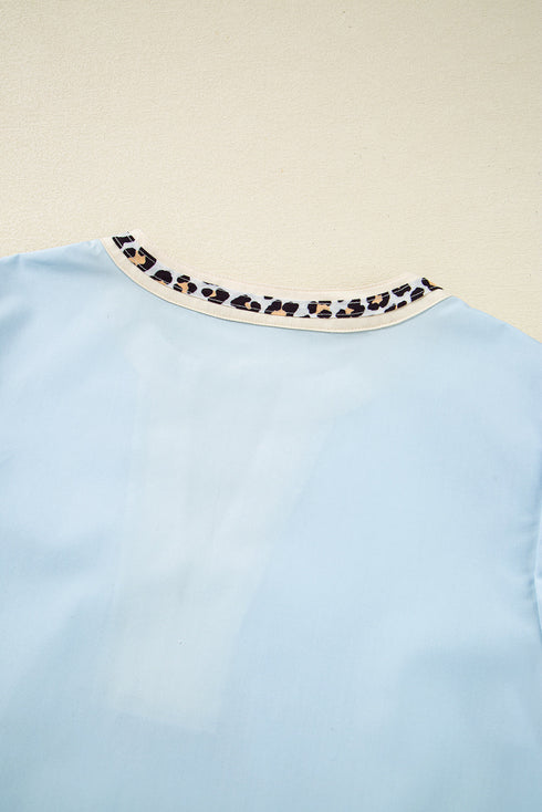 Chic Leopard Contrast Trim Split Neck Puff Sleeve Casual Blouse