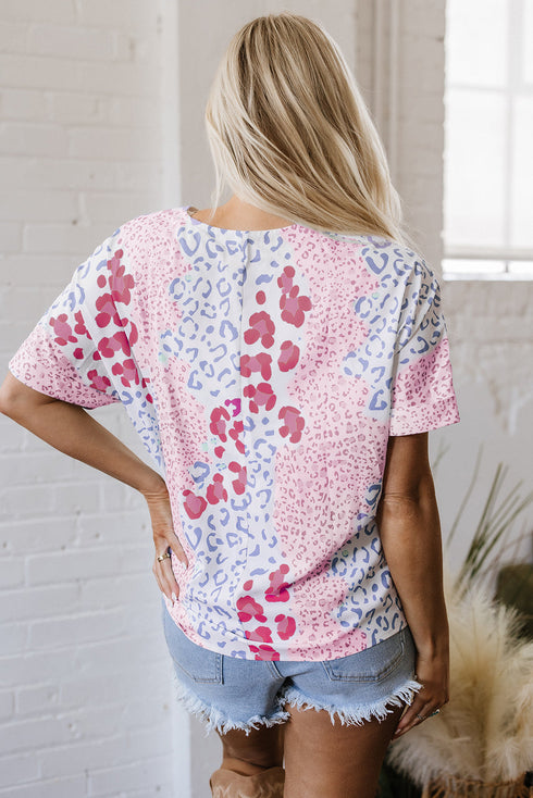 Chic Leopard Inspired Print V Neck Short Sleeve Casual Blouse