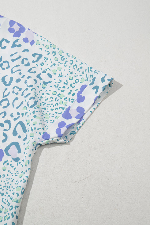 Chic Leopard Inspired Print V Neck Short Sleeve Casual Blouse