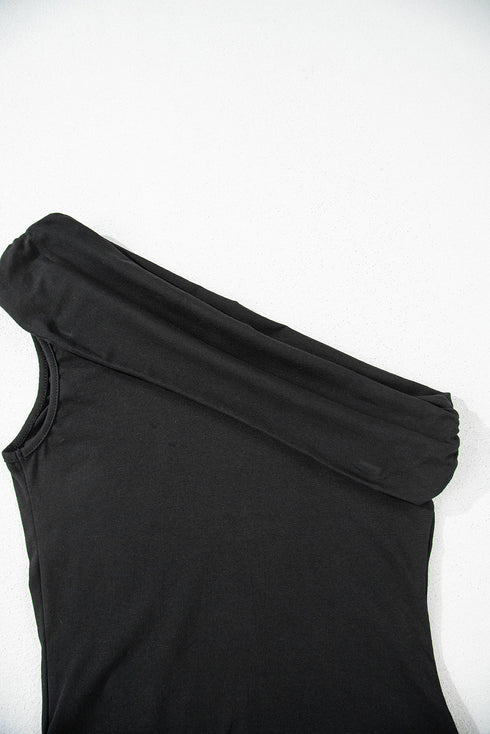Chic Pleated Asymmetrical One Shoulder Bodysuit